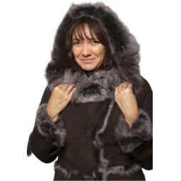 Women's Full Length Hooded Toscana Sheepskin Coat in Brown - Large Hood with Button Fastening