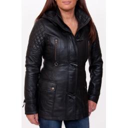 Womens Black Leather Hip Length Jacket - Detach Hood - Eclipse - External Zip Pockets