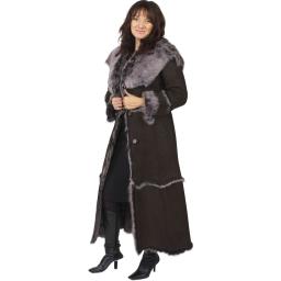 Women's Full Length Hooded Toscana Sheepskin Coat in Brown - Button Front Fastening