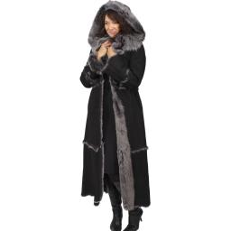  Full Length Hooded Toscana Sheepskin Coat in Black - Full Size Wool Lined Hood with Button Fastening