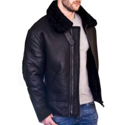 Men's Shearling Sheepskin Flying Jacket - Black Wool - Atlas - Front Zip Heavy Duty