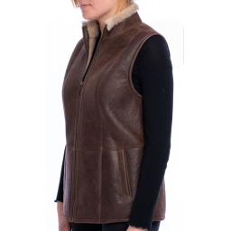 Womens Sheepskin Zip Gilet - Chestnut Brown - Waist Pockets 