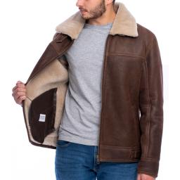 Mens Shearling Sheepskin Flying Jacket - Calgary - Chestnut Brown - Full Wool Interior