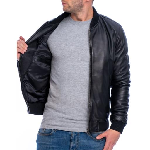 Mens Black Leather Bomber Jacket - Houston  - 2 Inside Pockets