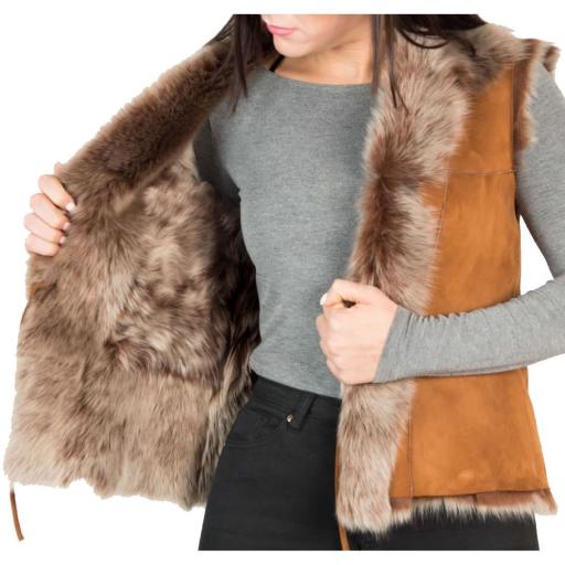 Womens Tan Toscana Sheepskin Gilet - Reversible - Long Wool / Fur Lined 