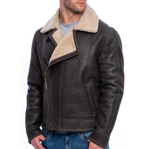 Mens Shearling Sheepskin Flying Jacket - Vail - Aged Crinkle Brown -- Asymmetric Zip