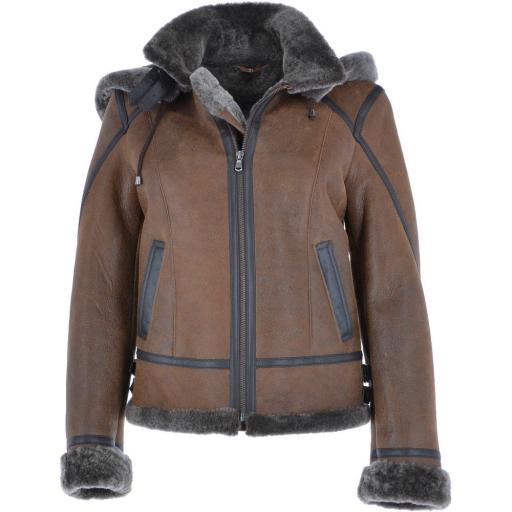 Womens Brown Sheepskin Flying Jacket - Minsk - Detachable Hood - Finest Range