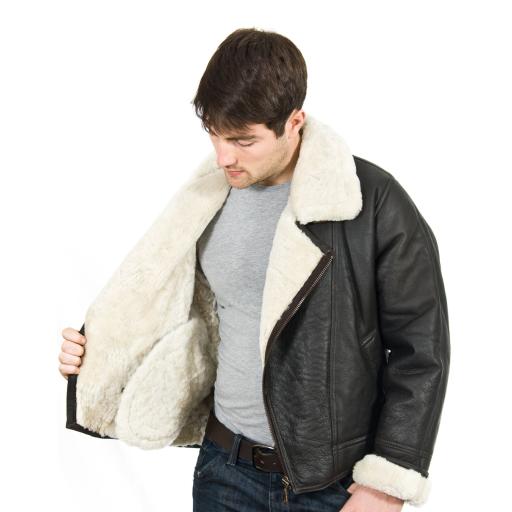 Men's Shearling Sheepskin Jacket - Vintage Aviator - Cream Wool - Full Wool Lining