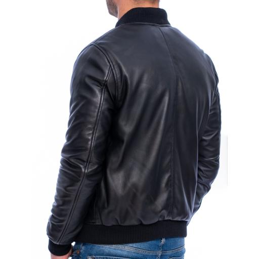 Mens Black Leather Bomber Jacket - Houston - Elasticated Waistband