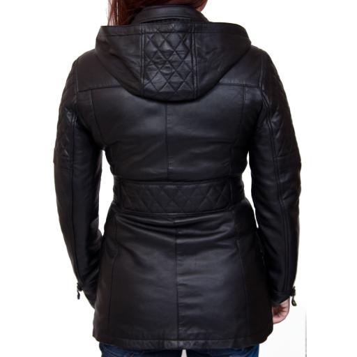 Womens Black Leather Hip Length Jacket - Easy Glide Zip Out / Removable Hood - Eclipse - 