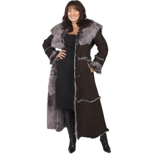 Women's Full Length Hooded Toscana Sheepskin Coat in Brown - Full Wool Interior