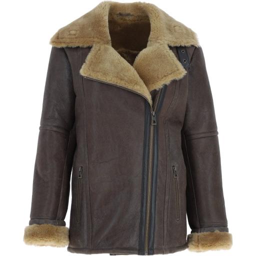 Womens Hip Length Brown Sheepskin Jacket - Asymmetric Zip - Finest Range