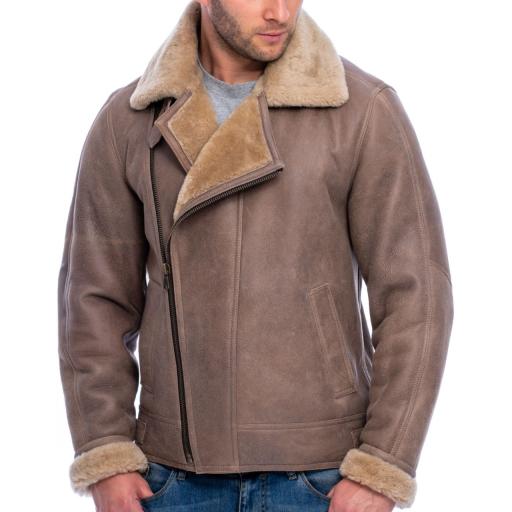 Mens Shearling Sheepskin Flying Jacket - Nevada - Light Brown Nubuck Finish