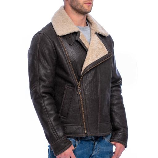 Mens Shearling Sheepskin Flying Jacket - Vail - Aged Crinkle Brown