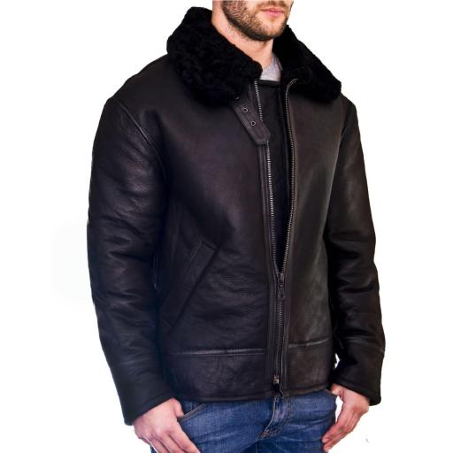 Men's Shearling Sheepskin Flying Jacket - Black Wool - Atlas - Center Zip