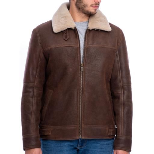 Mens Shearling Sheepskin Flying Jacket - Calgary - Chestnut Brown