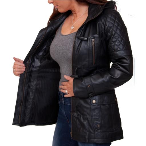 Womens Black Leather Hip Length Jacket - Detach Hood - Eclipse - Fully Lined