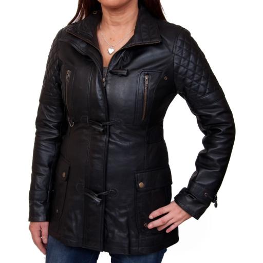 Womens Black Leather Hip Length Jacket - Detach Hood - Eclipse
