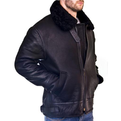 Men's Shearling Sheepskin Flying Jacket - Thick Black Wool - Atlas