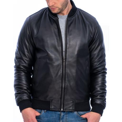 Mens Black Leather Bomber Jacket - Houston - Elasticated Cuffs