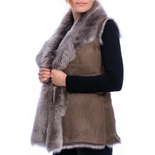 Long Toscana Sheepskin Gilet - Taupe - Waterfall Front