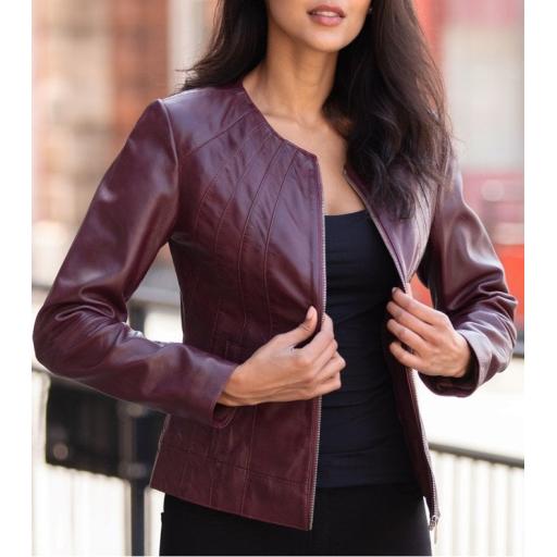 Womens Collarless Burgundy Leather Jacket - Alegra