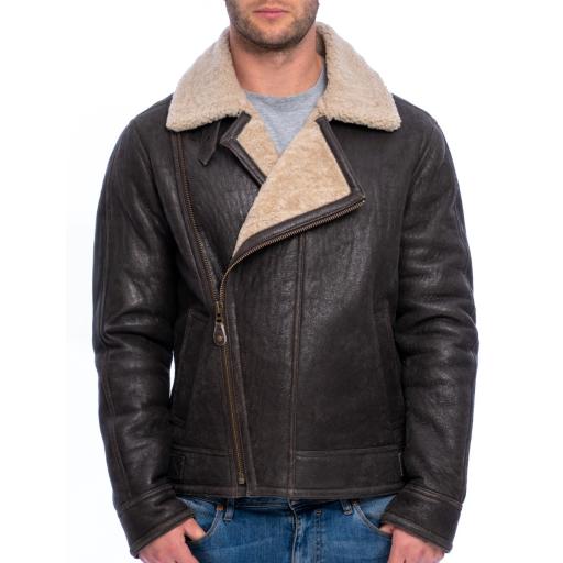 Mens Shearling Sheepskin Flying Jacket - Vail - Aged Crinkle Brown - Lapel Collar