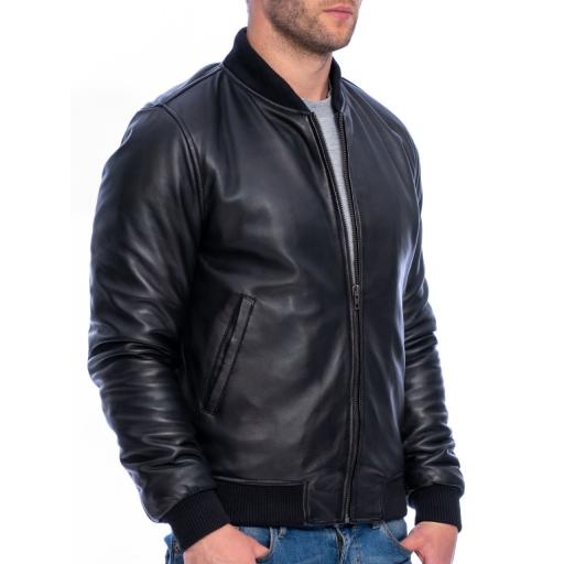 Mens Black Leather Bomber Jacket - Houston - Superior Grade - Size S, M only