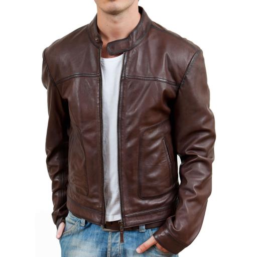 Men's Chestnut Brown Leather Jacket - Assantii - NEW STOCK with REGULAR SLEEVE