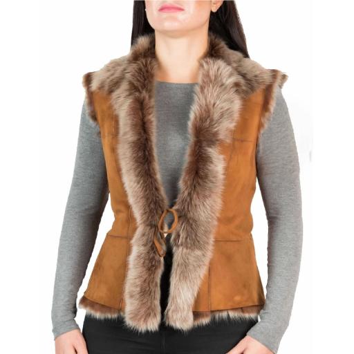 Womens Tan Toscana Sheepskin Gilet - Reversible - Long Wool Collar Trim