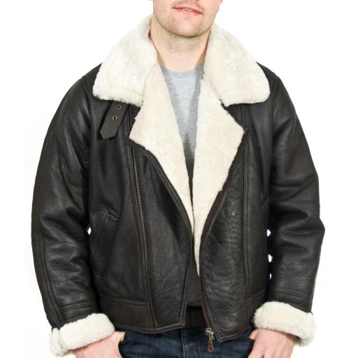 Men's Shearling Sheepskin Jacket - Vintage Aviator - Cream Wool - Asymmetric Cross Zip