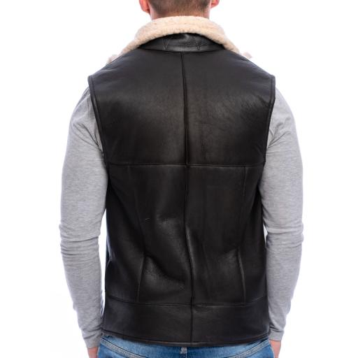 Mens Sheepskin Gilet - Vancouver I - Cream Wool - Dark Brown Leather Outer