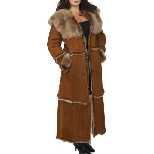 Finest Full Length Hooded Toscana Sheepskin Coat in Tan - Luna