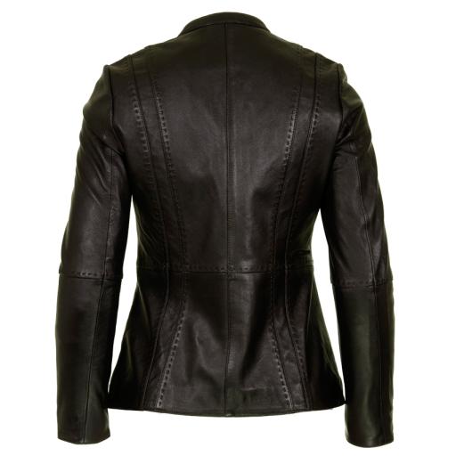 Womens Black Leather Zip Jacket - Hip Length - Clara - Top Saddle Stitching