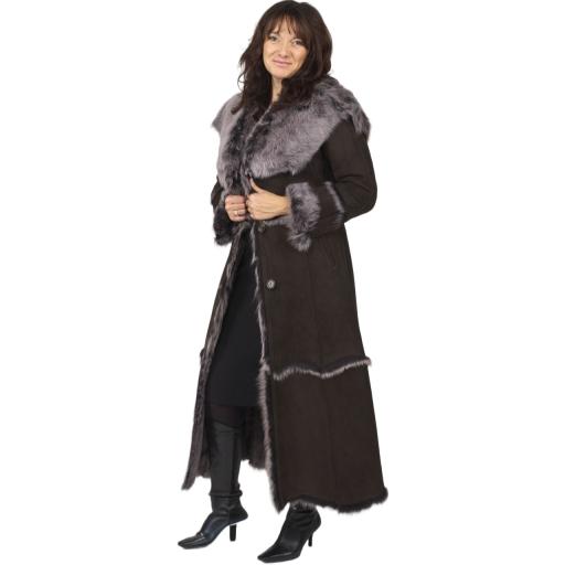 Women's Full Length Hooded Toscana Sheepskin Coat in Brown - Button Front Fastening