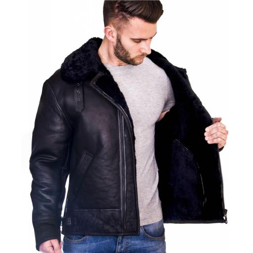 Men's Shearling Sheepskin Flying Jacket - Thick Black Wool Lining - Atlas