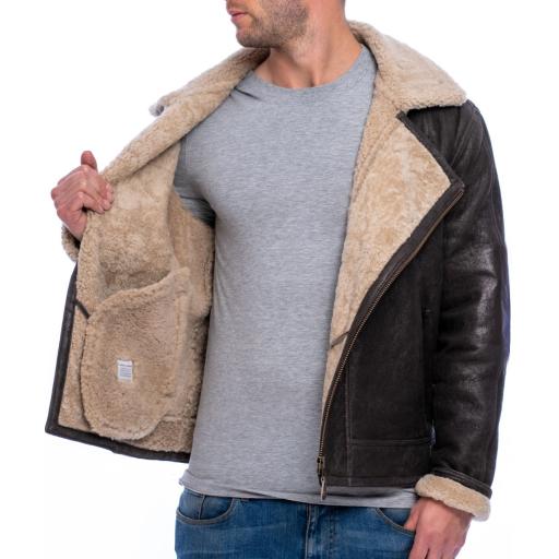 Mens Shearling Sheepskin Flying Jacket - Vail - Aged Crinkle Brown - Wool Lining