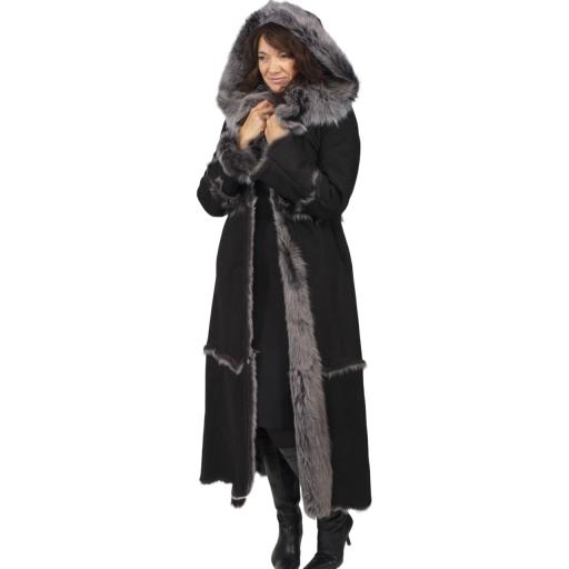  Full Length Hooded Toscana Sheepskin Coat in Black - Full Size Wool Lined Hood with Button Fastening