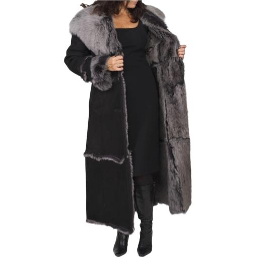 Full Length Hooded Toscana Sheepskin Coat in Black - Full Wool Interior an Button Fastening