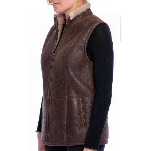 Womens Sheepskin Zip Gilet - Chestnut Brown - Waist Pockets 