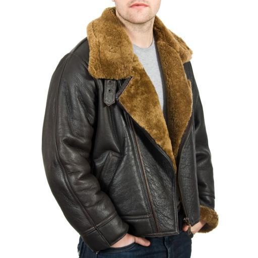 Men's Shearling Sheepskin Flying Jacket - Vintage Aviator - Brown Wool
