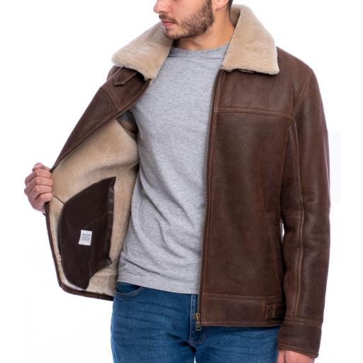 Mens Shearling Sheepskin Flying Jacket - Calgary - Chestnut Brown - Full Wool Interior