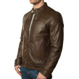 Men's Brown Leather Jacket - Classic Short Collar - Front Centre Zip