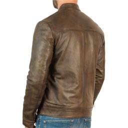 Men's Brown Leather Jacket - Classic Short Collar - Back panel