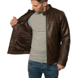Men's Brown Leather Jacket - Classic Short Collar - Fully Lined and 2 Inside Pockets
